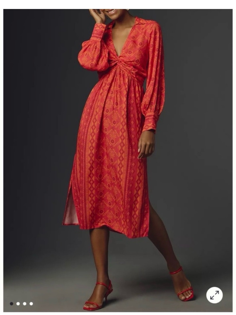Farm Rio Anthropologie Red Printed Twist Front Midi Dress XS Boho Resort